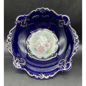 JRIS CLUJ Porcelain COBALT Blue and Floral with Gold Trim Serving Bowl 10"